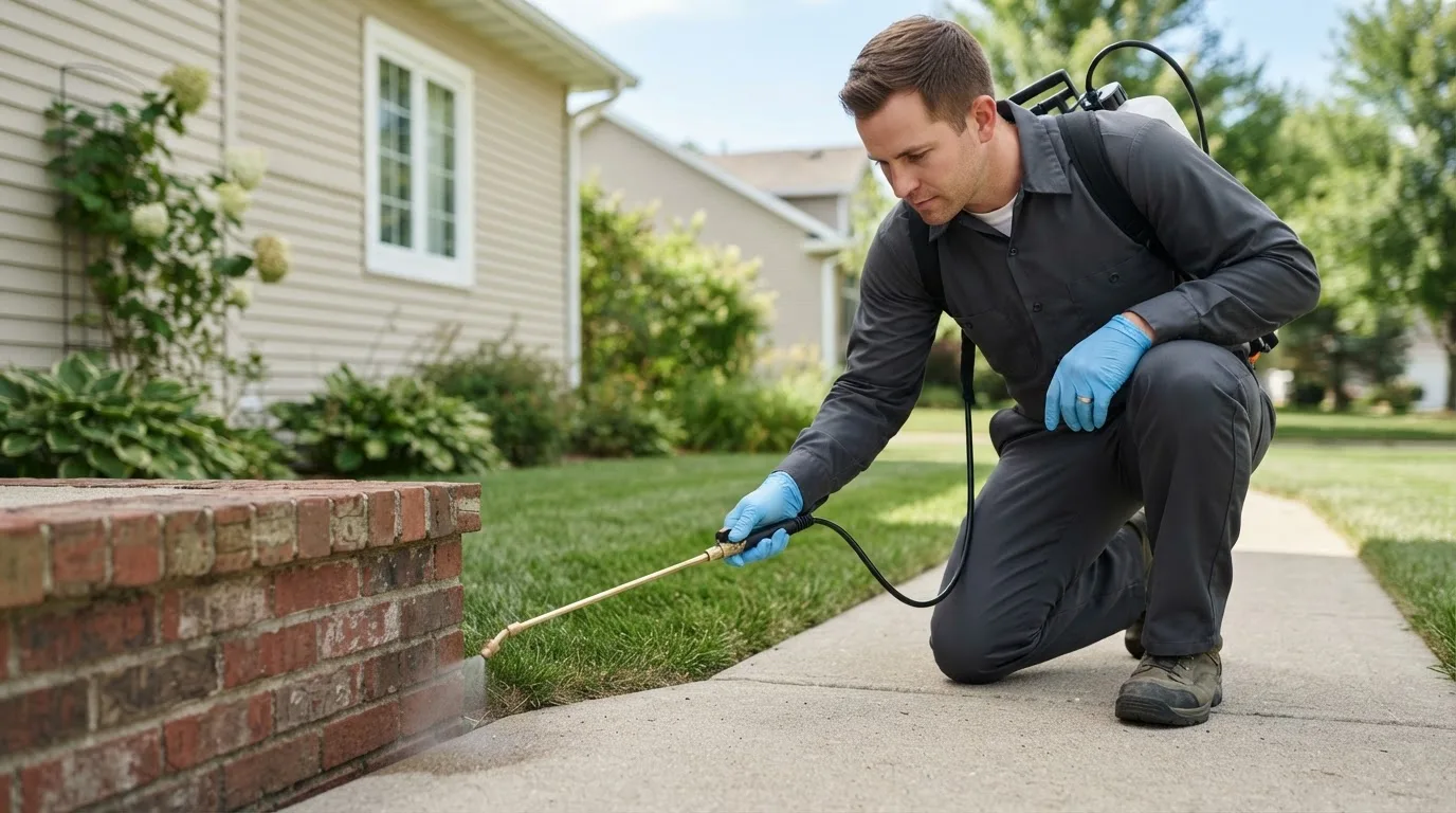 Pest control technician treating a home near Poyen, AR